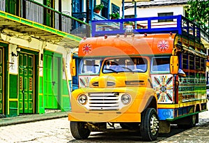 View on Typical colorful chicken bus near Jerico Antioquia, Colombia, South America photo