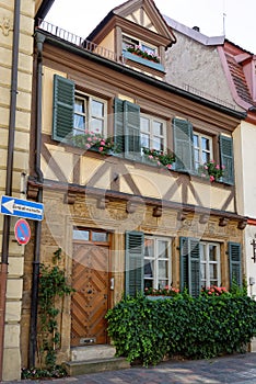 View of a typical historical half-timbered house in Bamberg, Germany