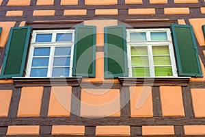 View of a typical historical half-timbered house in Bamberg, Germany