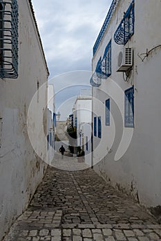 View of the typical houses and streets of the Mediterranean city of Sidi Bou Said in Tunisia