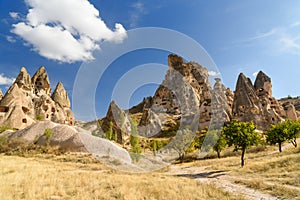 View of Uchisar castle from Pigeon valley. Cappadocia. Turkey