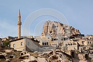 View of Uchisar and his castle mountain. Nevsehir province. Cappadocia. Turkey