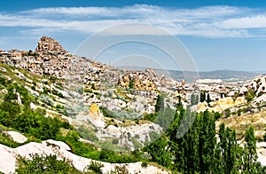 View of Uchisar from Pigeon Valley in Cappadocia, Turkey