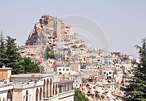 View of Uchisar town and castle in Cappadocia, Turkey