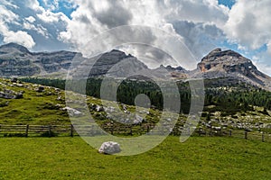 View from Ucia Fanes in higher part of Fanes valley in the Dolomites photo