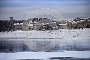 View of Uglich town and Volga river in winter from Uglich Kremlin, Russia