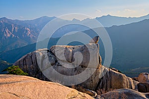 View from Ulsanbawi rock peak on sunset. Seoraksan National Park, South Corea