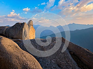 View from Ulsanbawi rock peak on sunset. Seoraksan National Park, South Corea