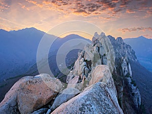 View from Ulsanbawi rock peak on sunset. Seoraksan National Park, South Corea