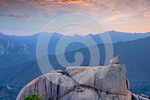 View from Ulsanbawi rock peak on sunset. Seoraksan National Park, South Corea photo