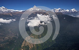 View from Ultralight plane or trike over Pokhara and Machapuchare