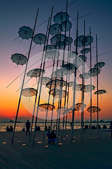 View of the Umbrellas sculpture  at the seafront of Thessaloniki