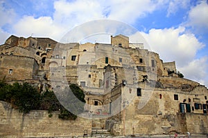 View under a blue sky of the Sasso Caveoso buildings of Matera, European Capital of Culture 2019