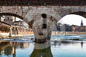 The view under the Ponte Pietra bridge in Verona, Italy - Image