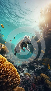 view of under sea Koala is diving above a big coral reef serendipity generative AI photo