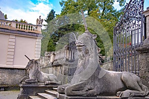 View of unicorn statue at the entrance to the Mirabell palace gardens, Salzburg, Austria