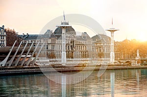 View of University building on river Rhone at Lyon France