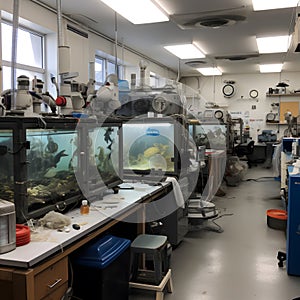 A view of a university oceanography lab with tanks of sea created with generative AI