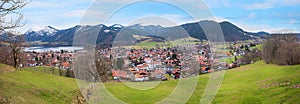 View from Unterriss to health resort and lake Schliersee at early springtime, bavaria