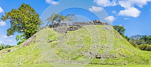 A view up a temple mound in the first plaza in the ancient Mayan city ruins of Altun Ha in Belize