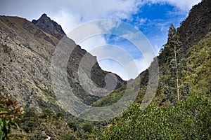 View up to Dead Woman`s pass along the Inca Trail, Peru