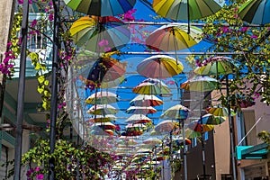 A view up Umbrella Street in Puerto Plata in the Dominion Republic