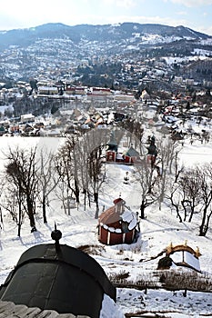 View from upper church of baroque calvary of Banska Stiavnica, Slovakia. Chapels on way of the cross, central and lower church