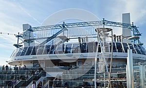 View of the upper deck of the cruise liner MSC Meraviglia, recreation area and amusement Park with rope ladders, October