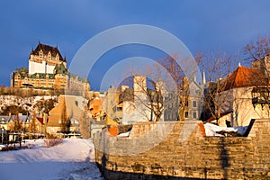 View of the upper old town skyline seen from the Petit-Champlain sector during an early spring golden hour morning