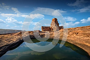 View of Upper Shivalaya on the top of northern rocky hill in Badami, Karnataka, India