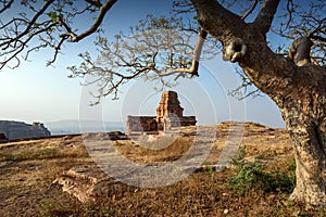 View of Upper Shivalaya on the top of northern rocky hill in Badami, Karnataka, India