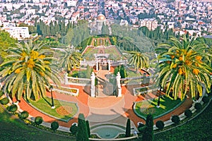 View from upper terrace Carmel Mountain to the Bahai Gardens Baha`i Temple and Haifa City in Israel.