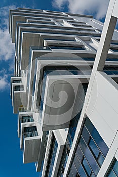 View upwards at a modern new apartment building
