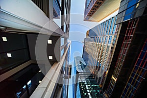 View upwards to high skyscrapers, vertical from below