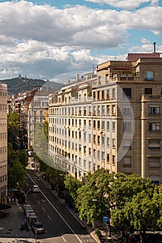 View of Urban Barcelona with Historical Buildings and Tree-Lined Streets