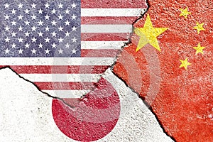 View of USA China South Korea flags icon on weathered cracked wall background
