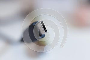 View of USB C type connector with shallow depth of field