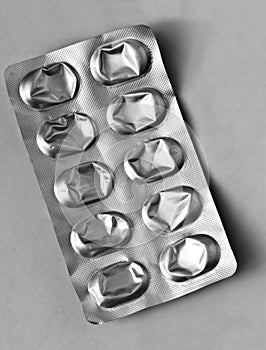 View of used up medical tablets aluminium metal  blister packaging
