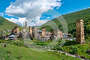 View of the Ushguli village at the foot of Mt. Shkhara. Picturesque and gorgeous scene. Rock towers and old houses in Ushguli,