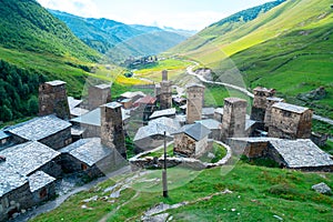 View of the Ushguli village at the foot of Mt. Shkhara. Picturesque and gorgeous scene. Rock towers and old houses in Ushguli,