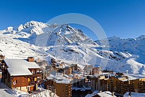 View of the Val Thorens ski resort of Three Valleys , France