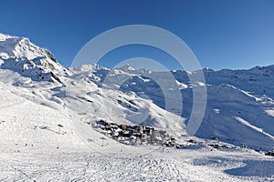 View of the Val Thorens ski resort of Three Valleys, France