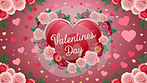 view Valentines Day background with roses, flowers, hearts, and pink bow