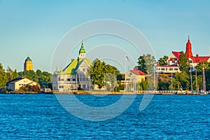 View of Valkosaari inhabited island in the Helsinki bay in Finla