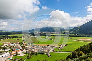 View of the valley and the Alpine mountains from Castle Gruyeres, Switzerland