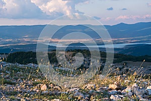 View of the valley Baydarskaya on the southern coast of Crimea. View from the top of the mountain Ilyas Kaya. Summer sunny and clo photo