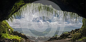 View of Valley from the cave entrance on Lohagad Fort,Pune,Maharashtra,India