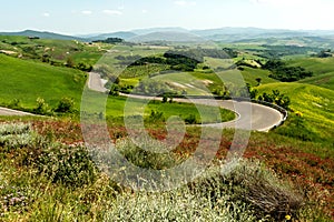 View of valley with hills and road, Tuscany. Italy