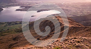 View on valley with lake during sunrise