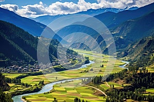 View of the valley and the river in the Himalayas. Aerial view of Paro Valley Bhutan, AI Generated